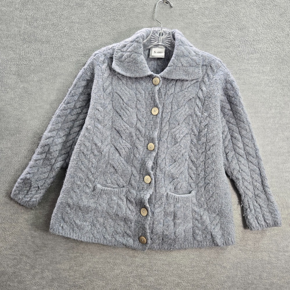 aran Women Sweater S Gray Cardigan Super‎ Soft Merino Cable Knit Made In Ireland